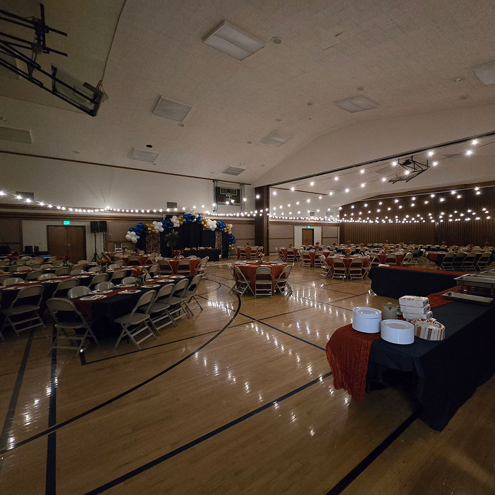 string lights in church cultural hall
